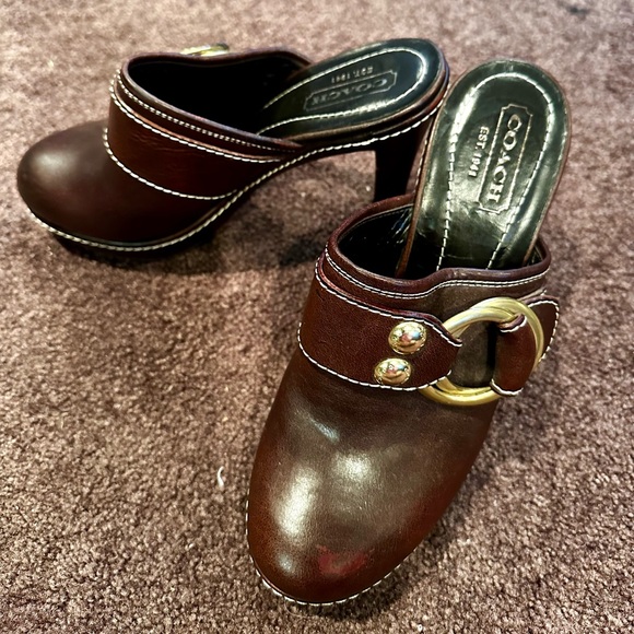 Coach Brown Leather High Heel Clogs - Picture 2 of 4